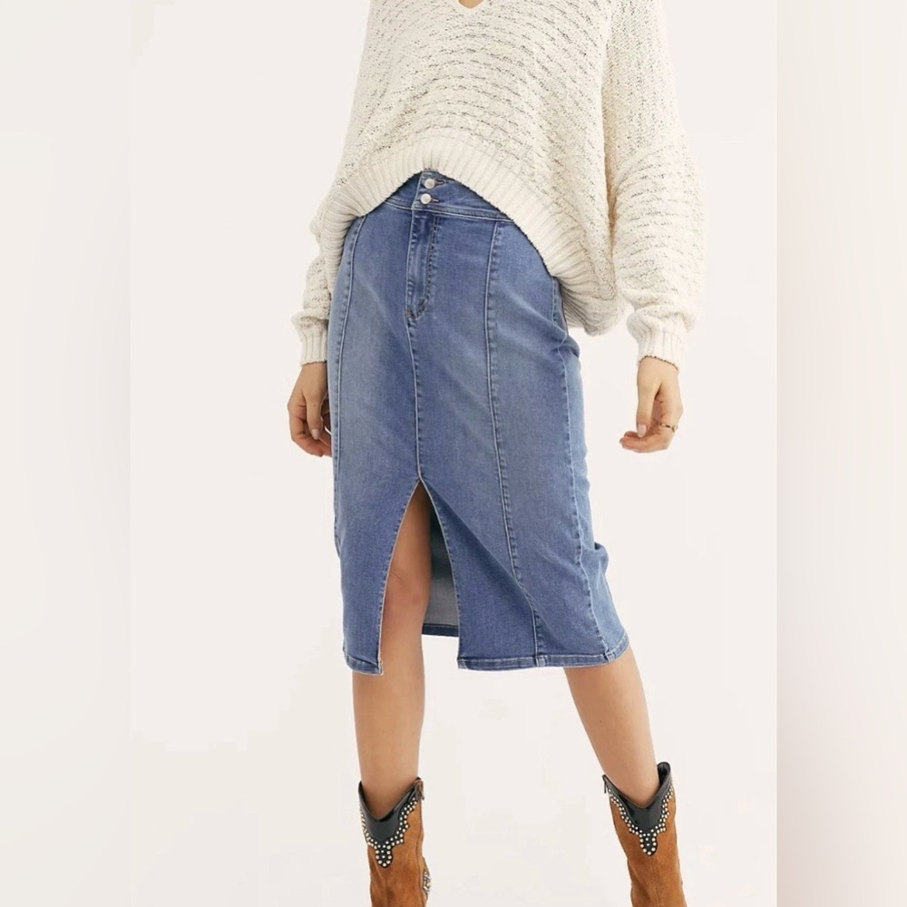 We the Free Free People Maddie Denim Midi Skirt Blue Front Slit Boho 27